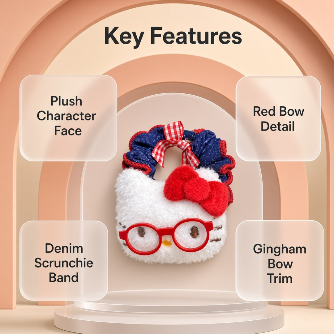 Plush Kitty Hair Scrunchie with Red Glasses & Bow