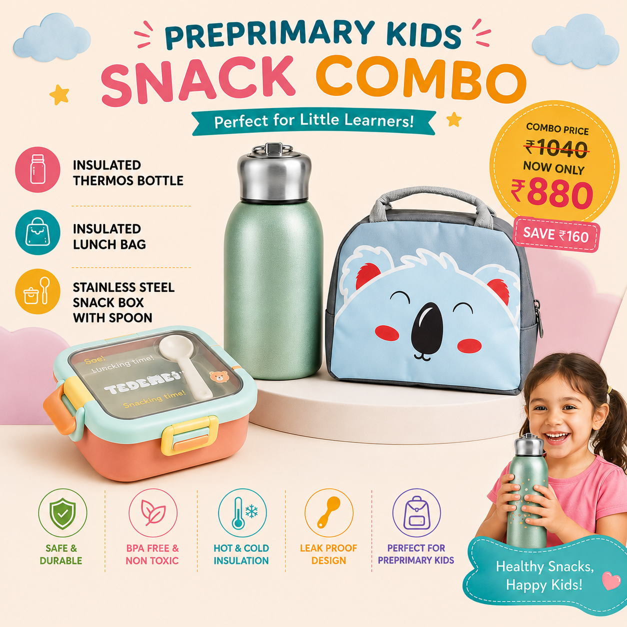Preprimary Kids Snack Combo | Insulated Bottle, Lunch Bag & Stainless-Steel Snack Box