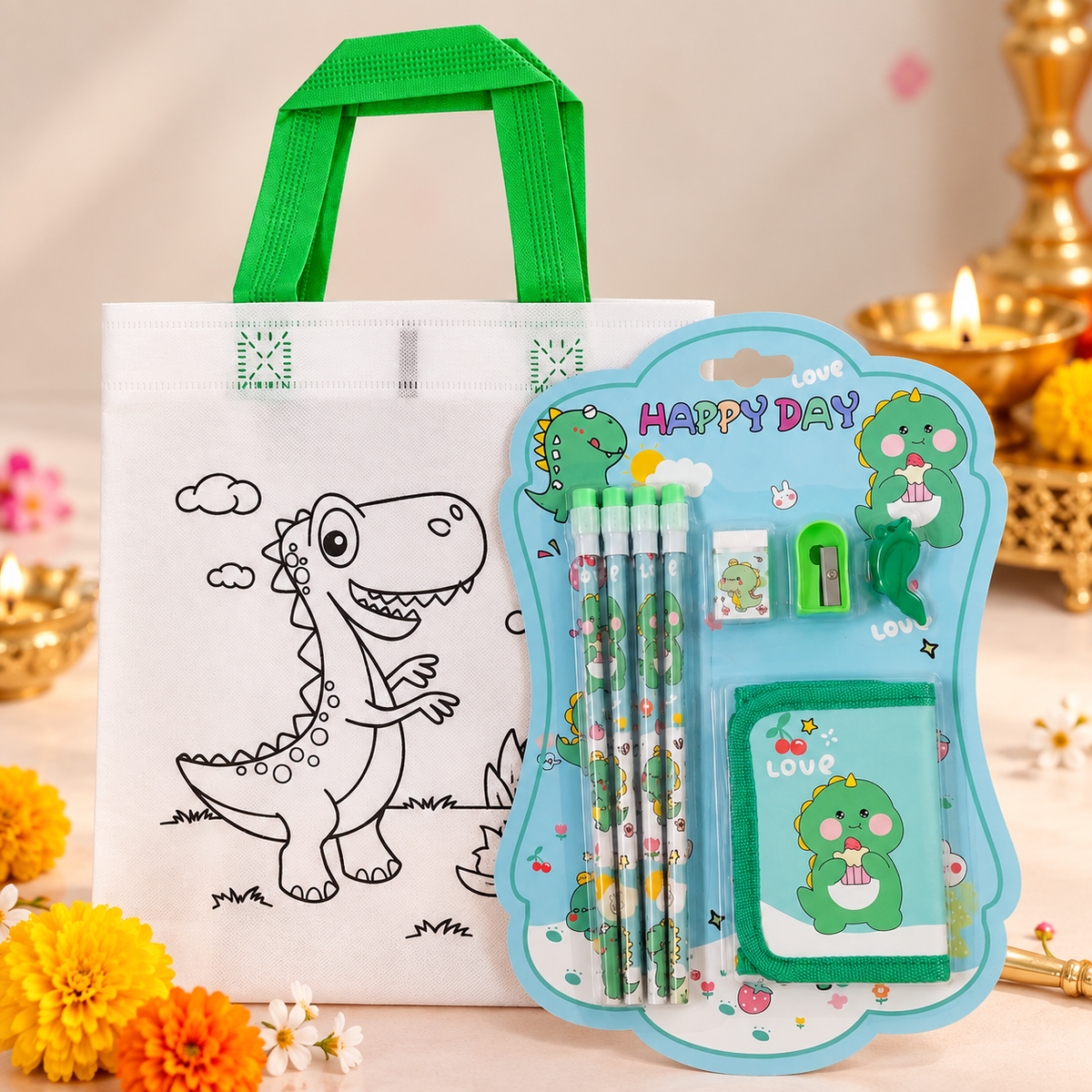 Dinosaur Stationery Gift Set with Dino Tote Bag