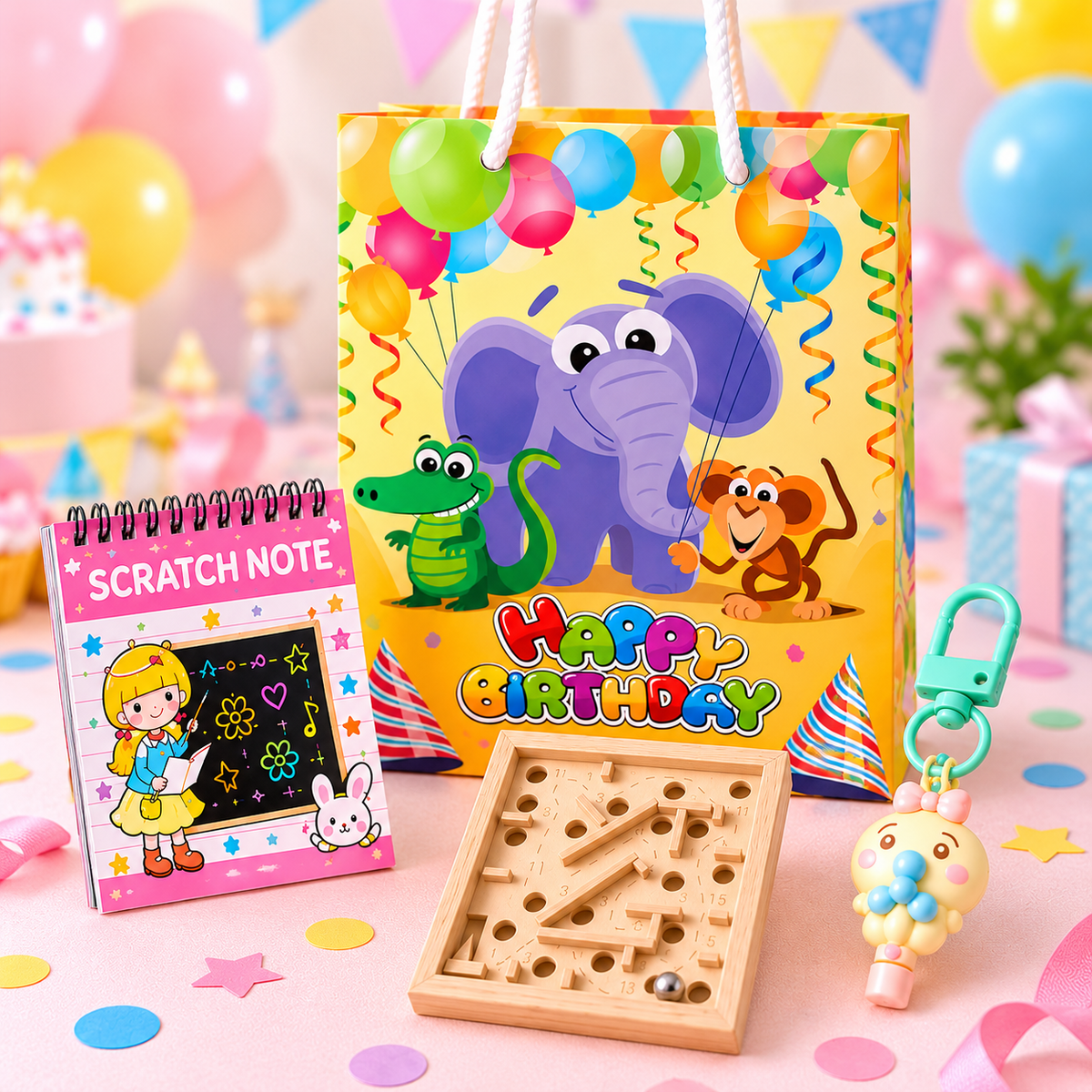 Kids Birthday Gift Set with Scratch Notebook & Wooden Maze