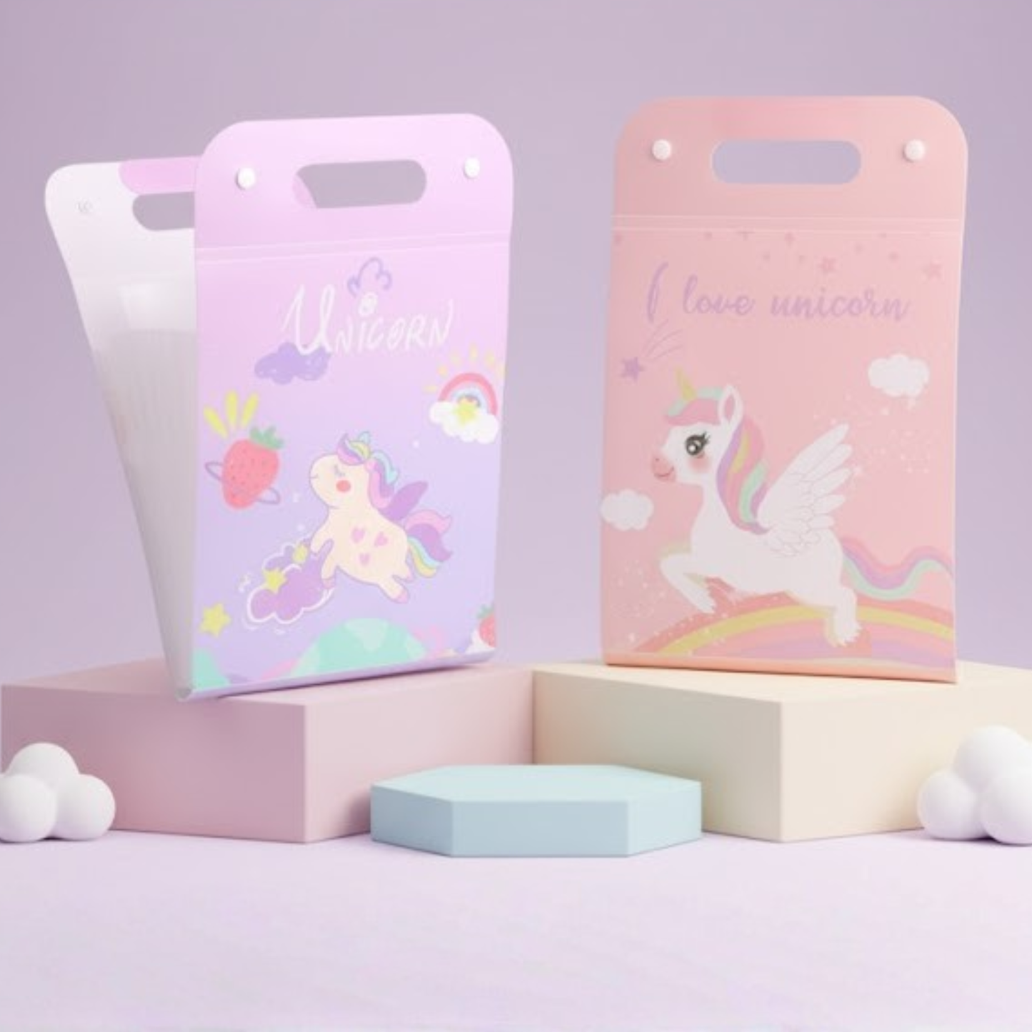 Cute pastel unicorn-themed A4 folder for kids, featuring rainbow, strawberry, and cloud illustrations β durable paper organizer for school and art sheets.