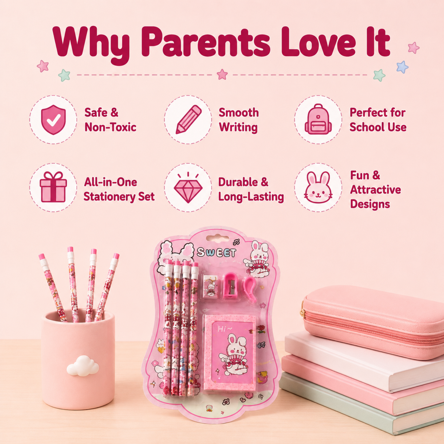 Cute Kids Stationery Gift Set with Pencils, Sharpener, Eraser & pouch