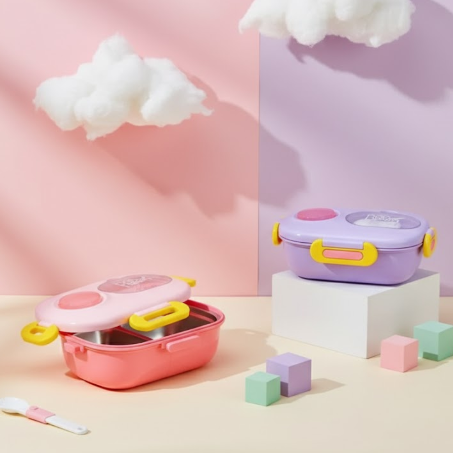 Pastel kids bento lunch boxes with stainless-steel compartments and secure locks.