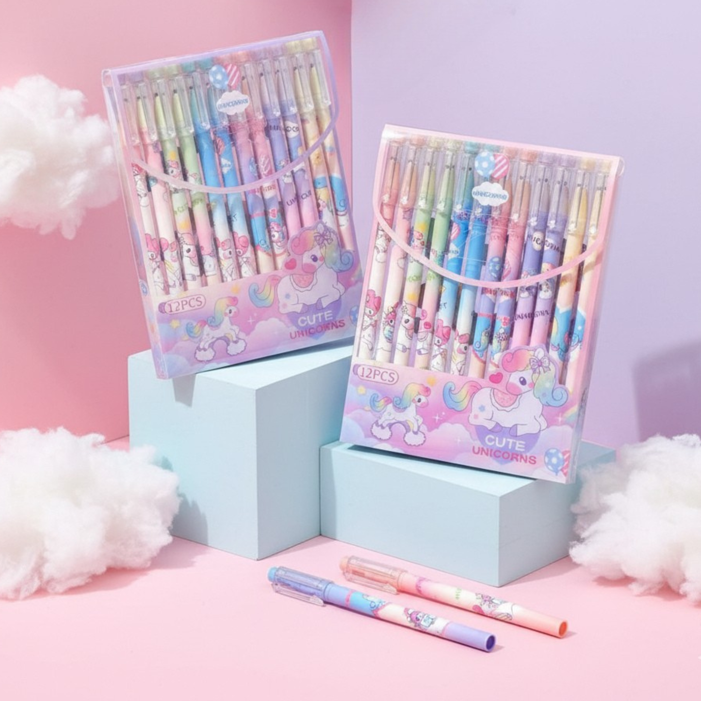 Cute unicorn gel pen set of 12 in pastel colors – kids stationery gift pack displayed on pastel background