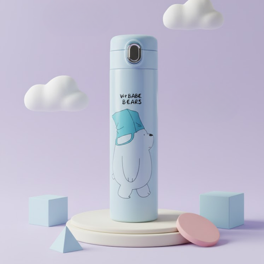 Three We Bare Bears thermos steel bottles in pink, blue, and black and a spout
