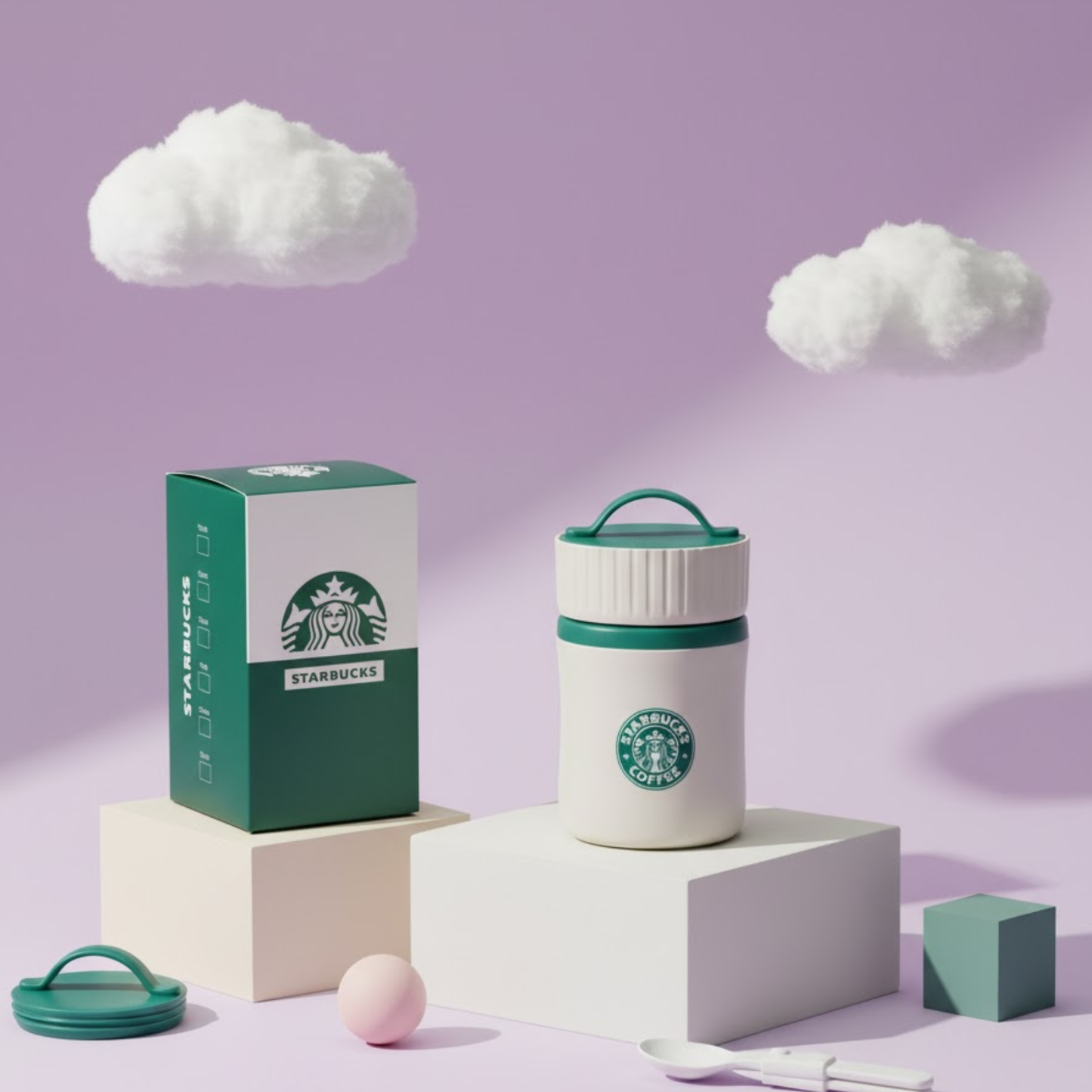 Green and white Starbucks insulated jar with handle.