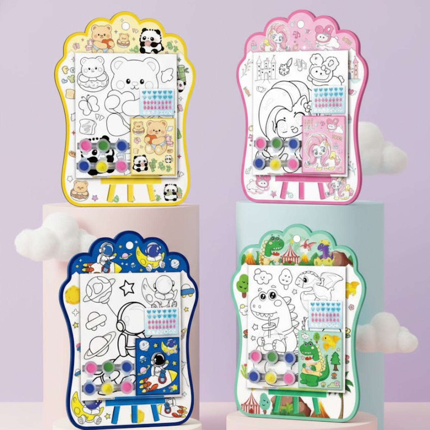 Kids cartoon-themed painting kit with canvas, paints, stickers, and brush displayed on a stand