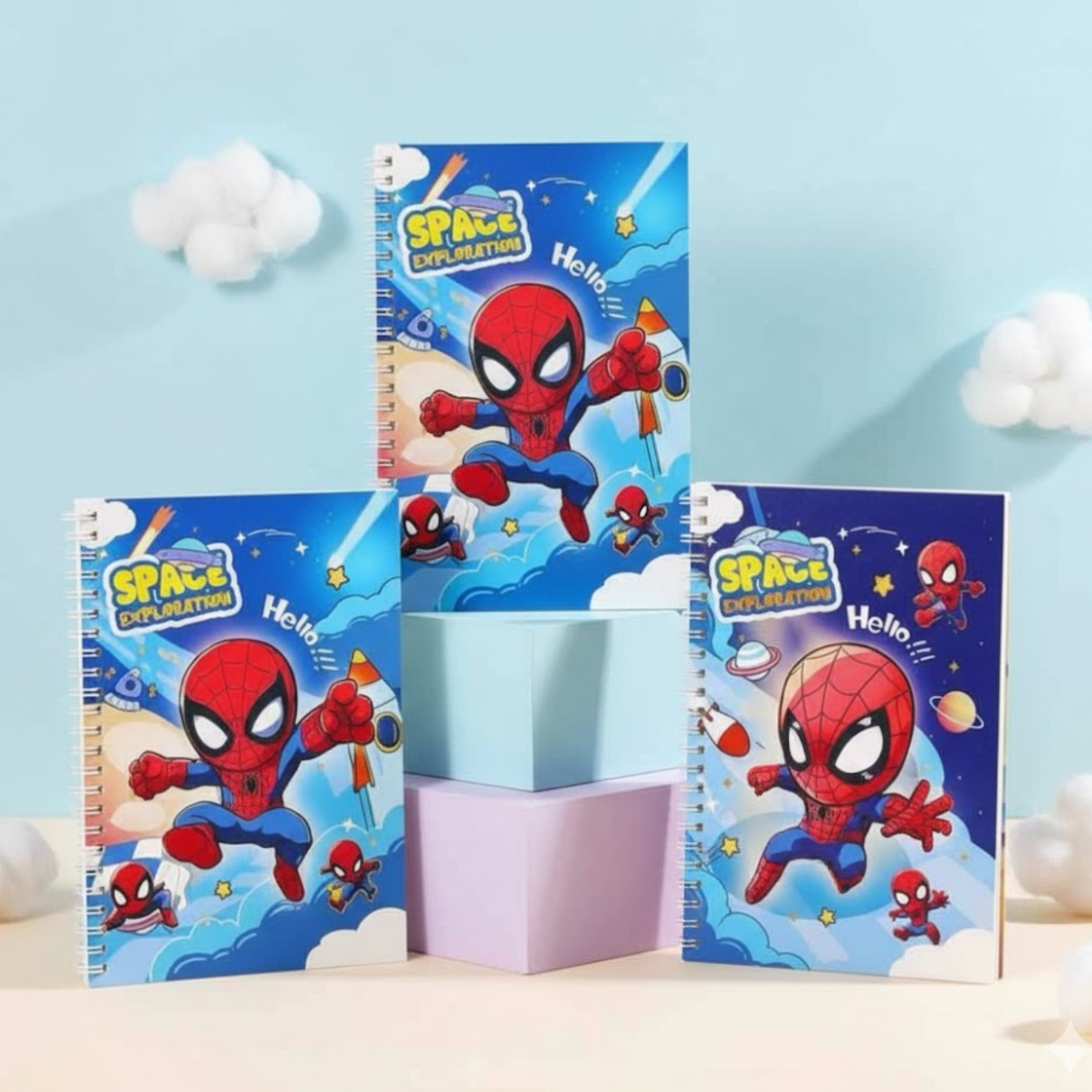 Kids spiral notebook with Spider-Man cartoon cover design featuring space exploration theme – fun stationery for school and gifting.