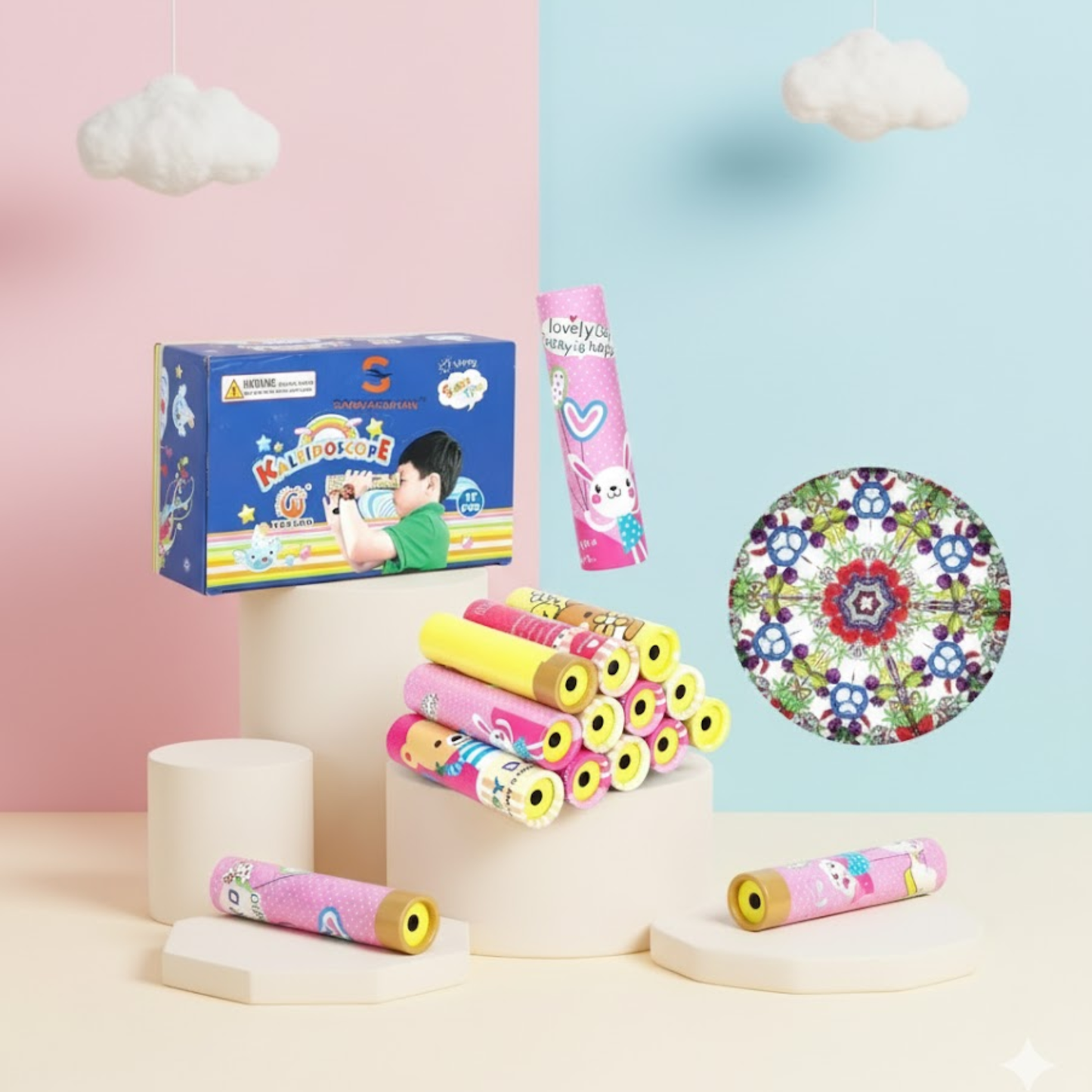 Kids colorful kaleidoscope toy set with multiple patterned tubes and gift box packaging – fun visual learning toy for children