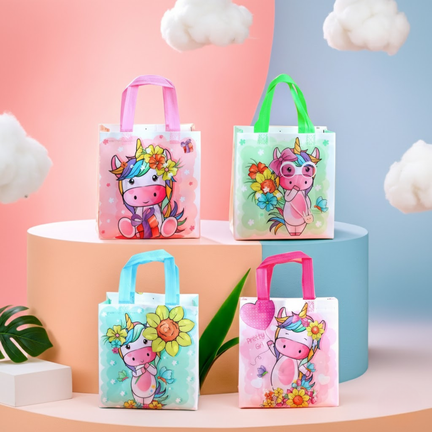 Cute unicorn-themed gift bags in pastel colors with floral designs and colorful handles