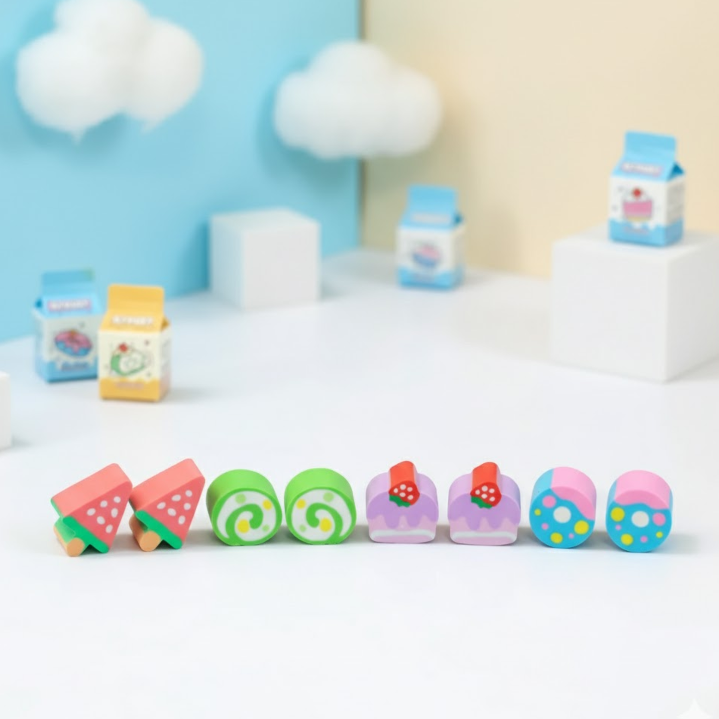 alt
“Cute assorted mini erasers in fruit, candy, and cupcake designs displayed in a colorful kids stationery setup.”