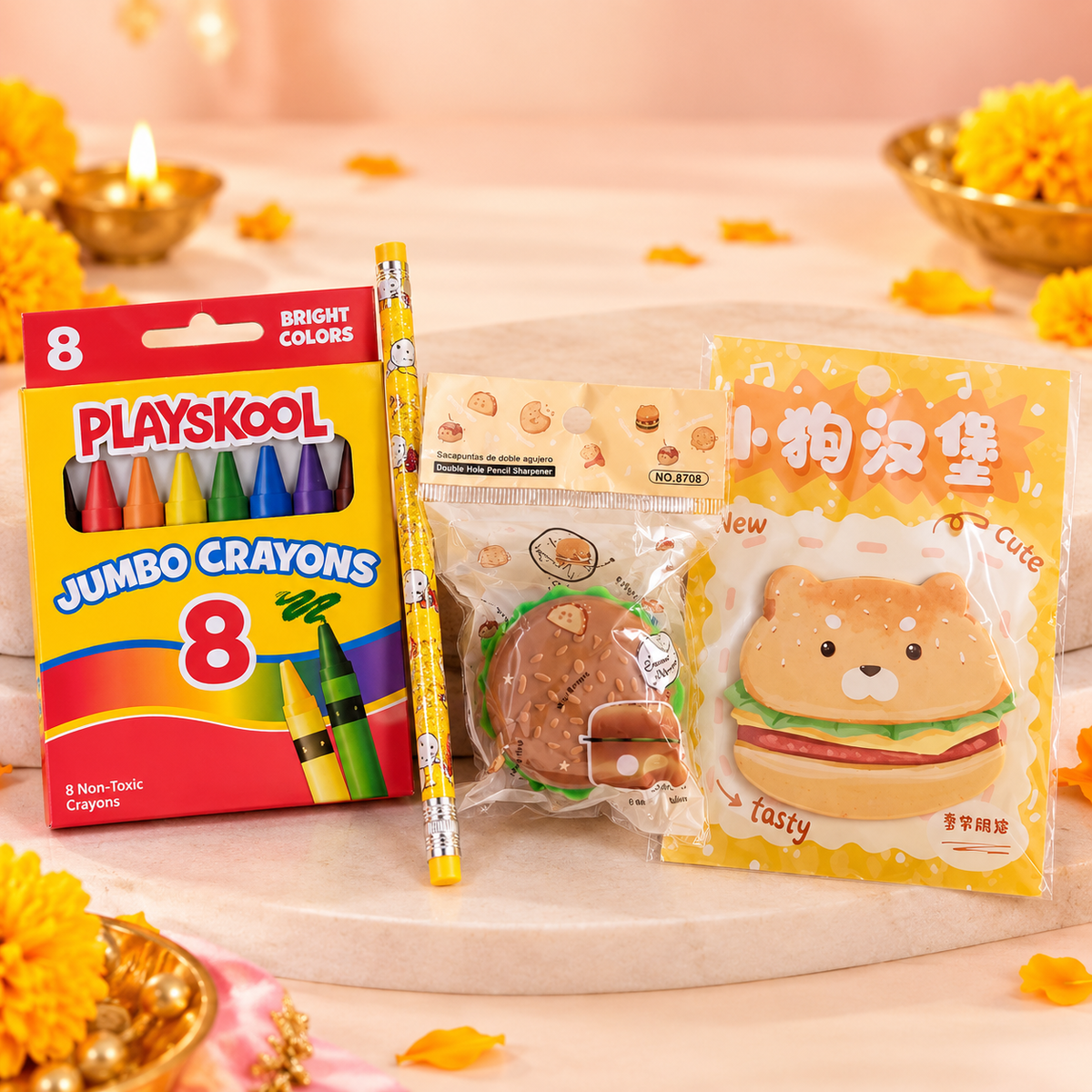 Kids’ Stationery Gift Set with Jumbo Crayons & Yellow Zip Pouch