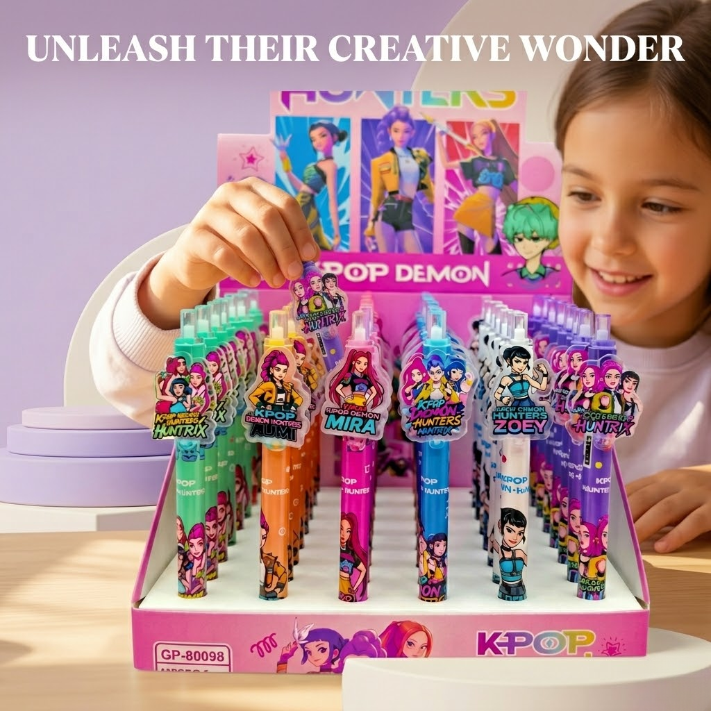 Cute cartoon topper gel pens set for kids, kawaii character pens pack of 36, useful birthday return gift stationery for children