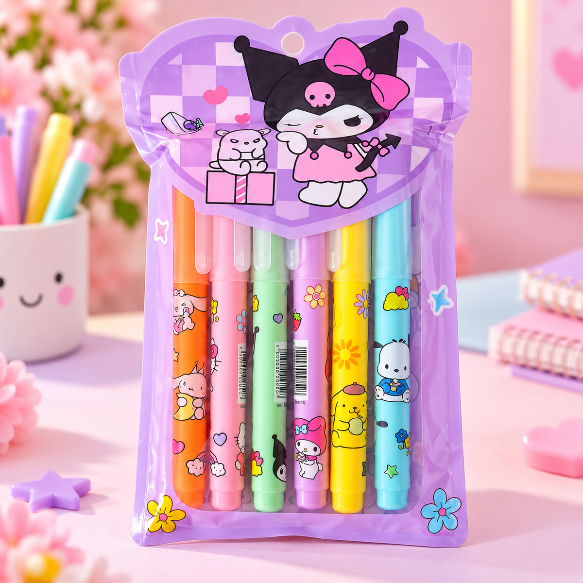 Kawaii Pastel Marker Set with Kuromi Pouch – 6 Pieces