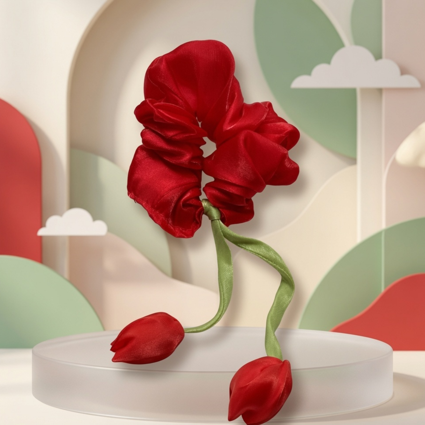 Red Tulip Satin Scrunchie Hair Tie | Floral Stem Design Hair Accessory