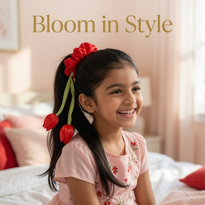 Red Tulip Satin Scrunchie Hair Tie | Floral Stem Design Hair Accessory