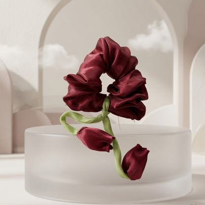 Red Tulip Satin Scrunchie Hair Tie | Floral Stem Design Hair Accessory