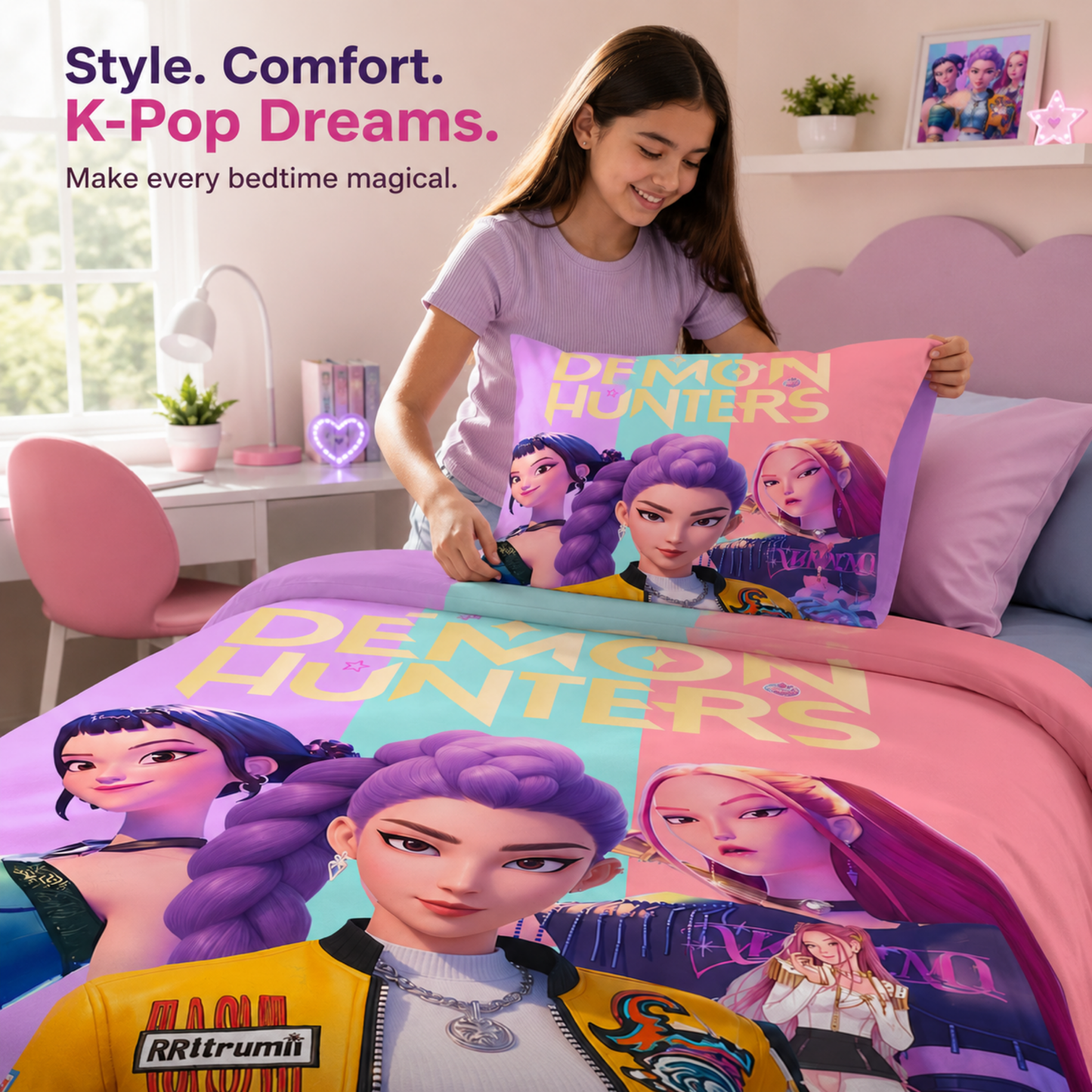 K-POP Demon Hunters Kids Bedsheet with Pillow Cover Set - 60" x90"