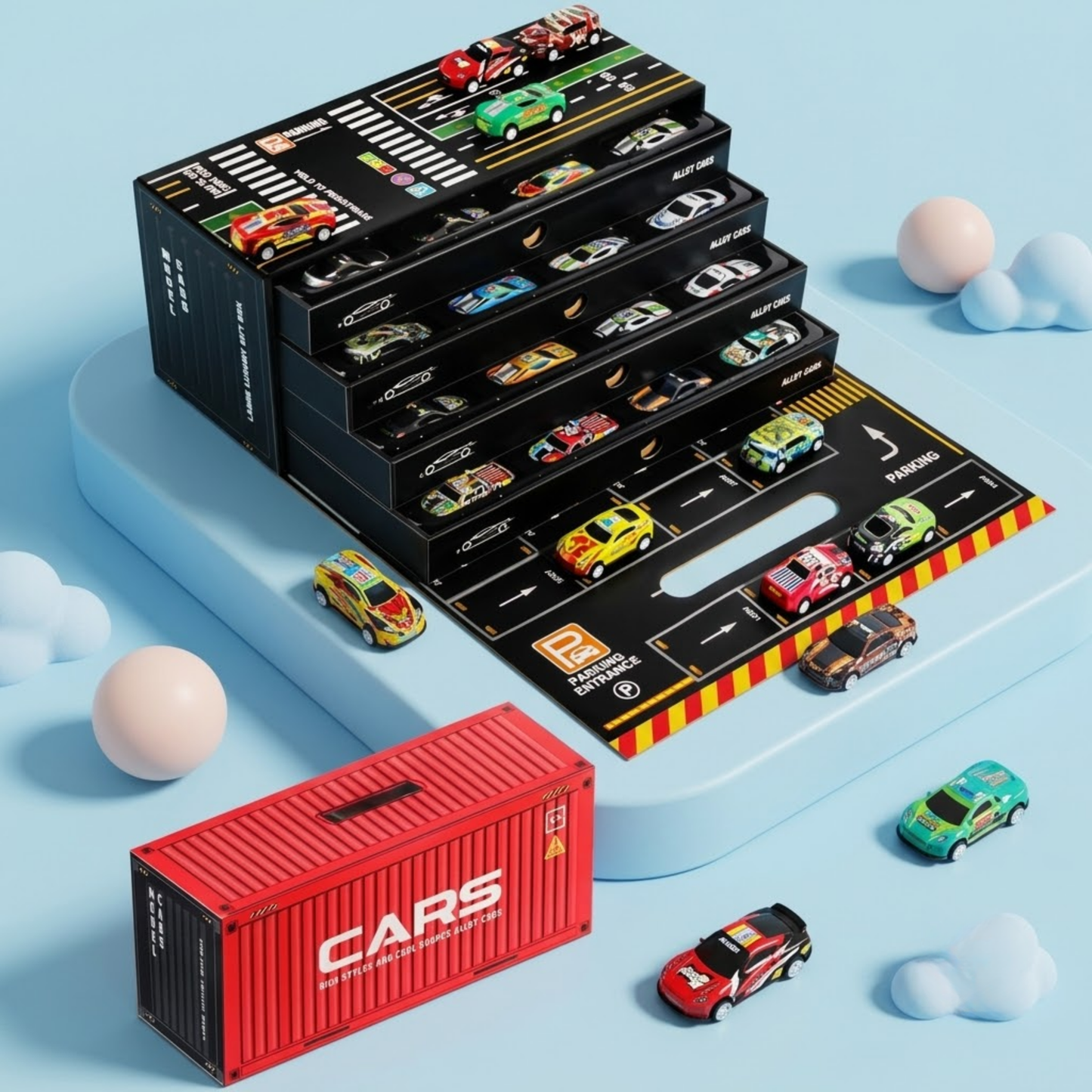 48-Piece Die-Cast Car Parking Garage Play Set  with Multi-Level Storage Container