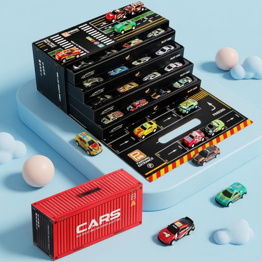 48-Piece Die-Cast Car Parking Garage Play Set  with Multi-Level Storage Container