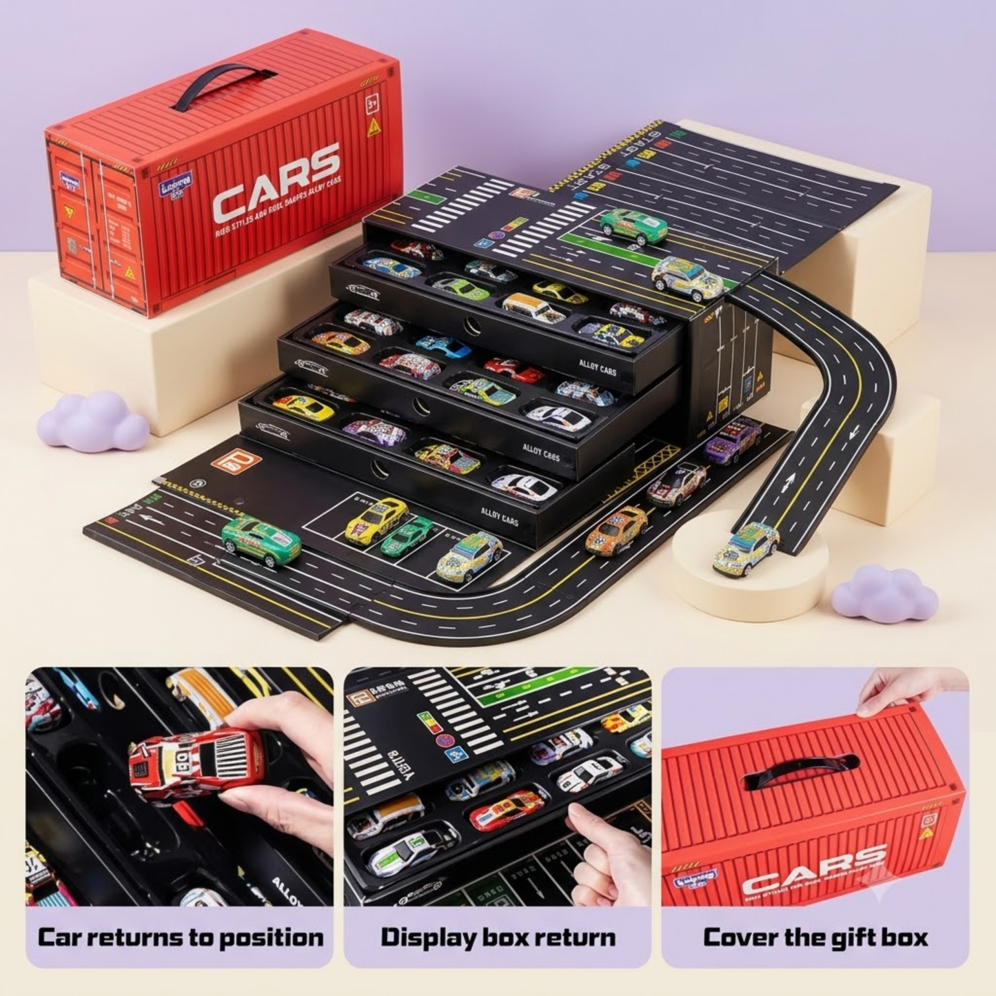 48-Piece Die-Cast Car Parking Garage Play Set  with Multi-Level Storage Container
