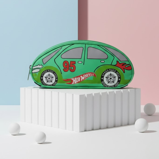 Bright green, pink, red, yellow, blue kids backpack shaped like a racing car with number 95 design