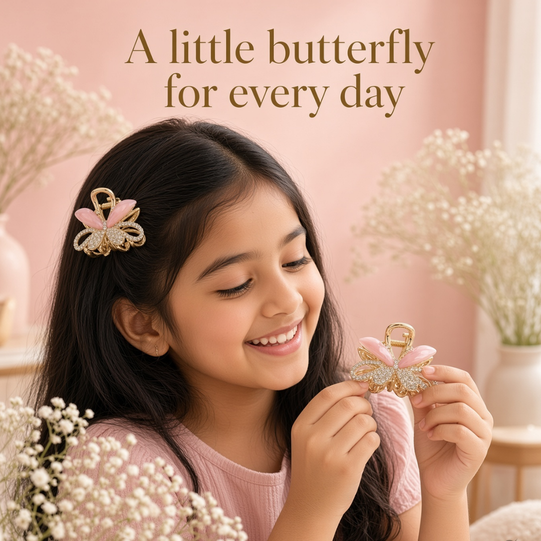 Pink Butterfly Hair Claw Clip with Sparkling Details
