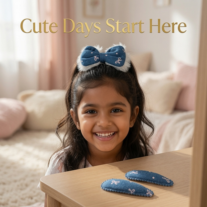 Denim Bow Hair Clip Set for Girls | 3-Piece Bow & Snap Clip Hair Accessory Set