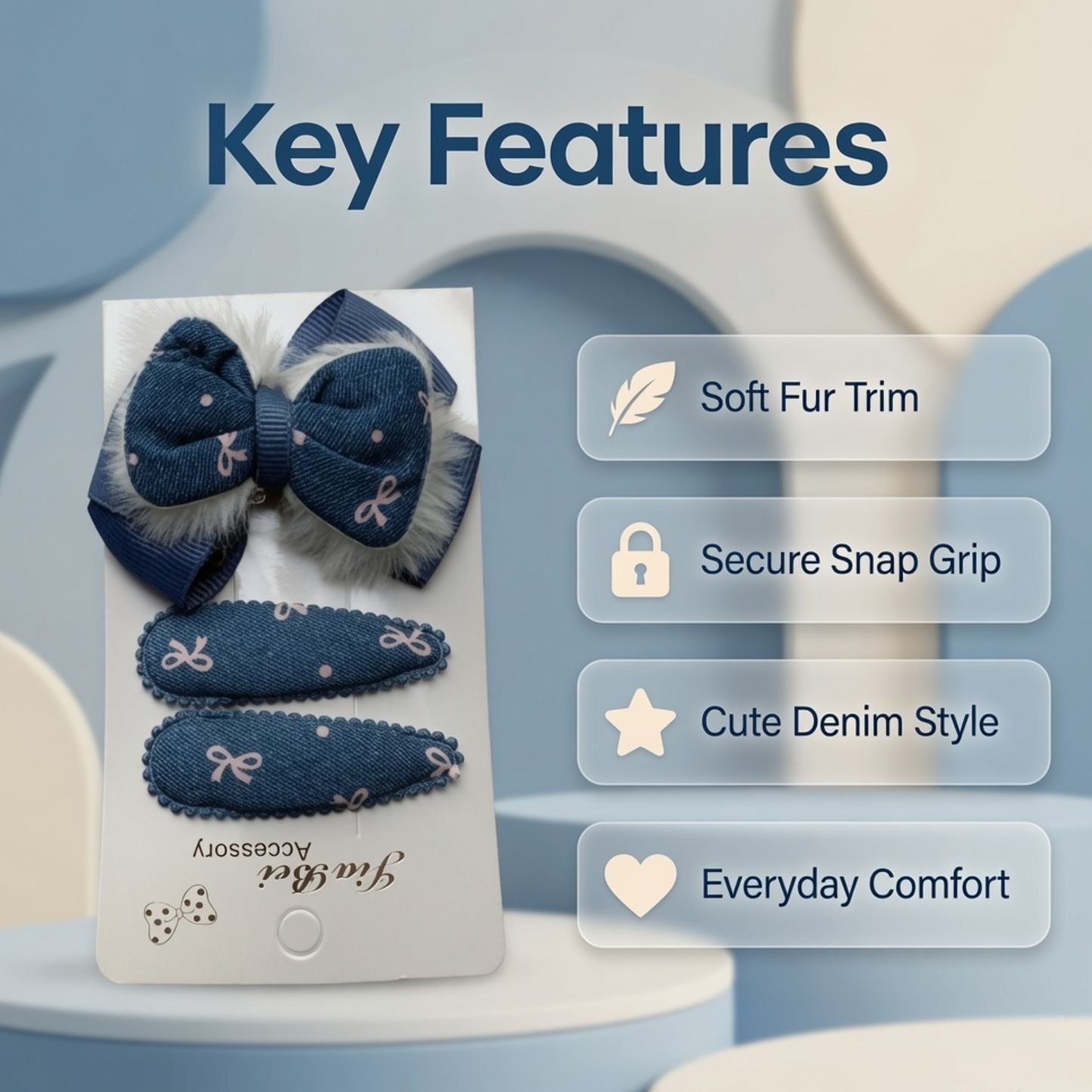 Denim Bow Hair Clip Set for Girls | 3-Piece Bow & Snap Clip Hair Accessory Set