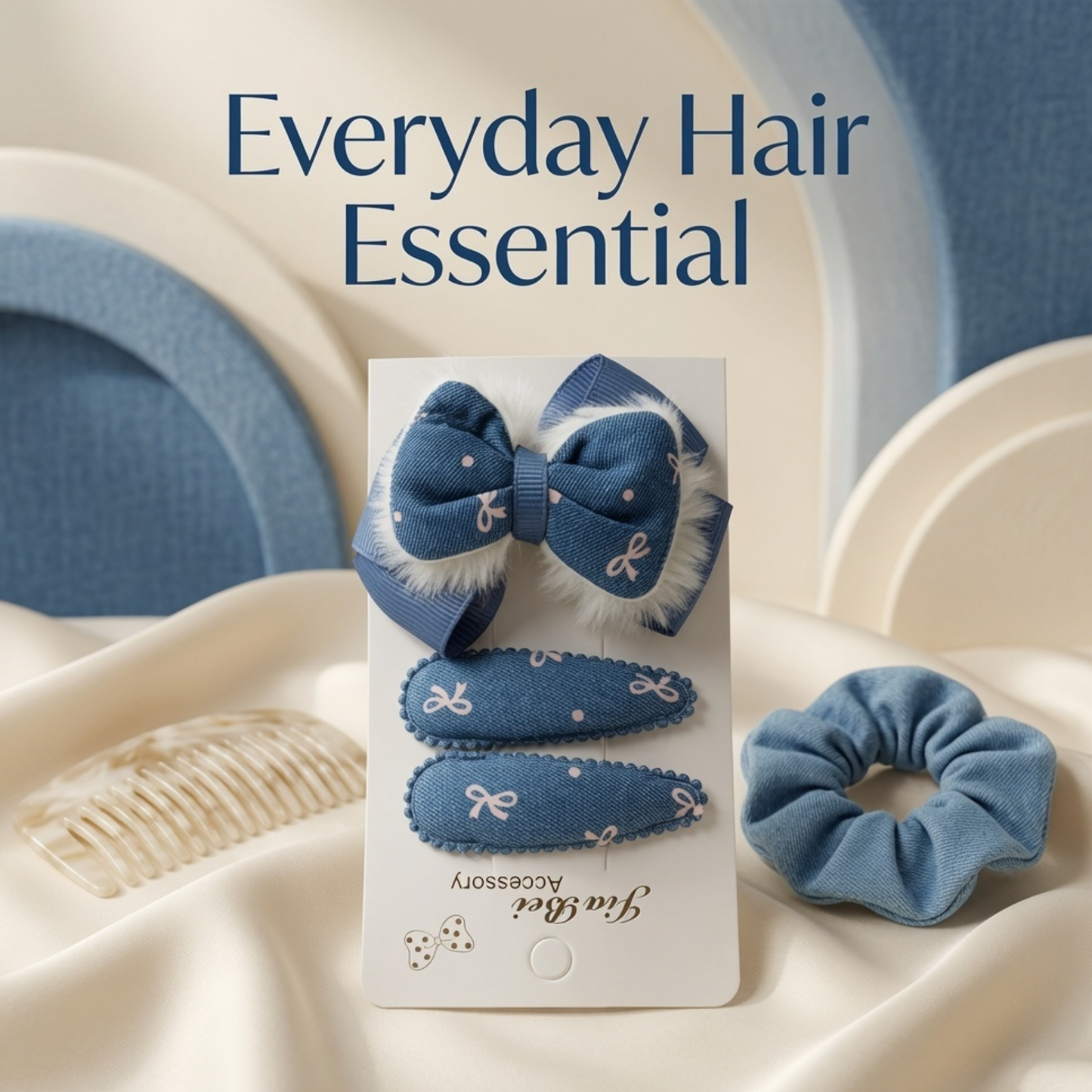 Denim Bow Hair Clip Set for Girls | 3-Piece Bow & Snap Clip Hair Accessory Set