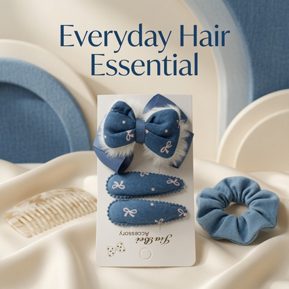Denim Bow Hair Clip Set for Girls | 3-Piece Bow & Snap Clip Hair Accessory Set