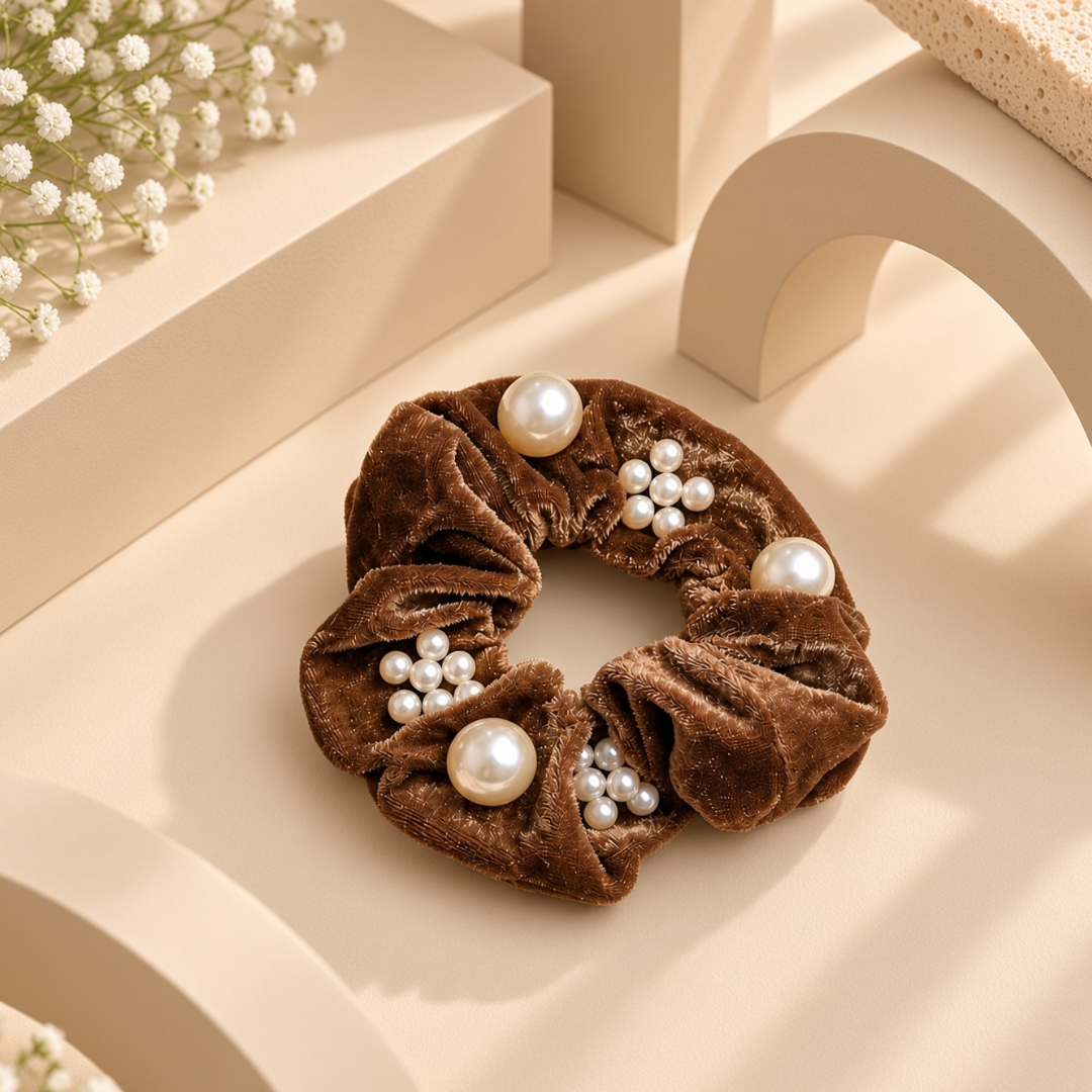 Pearl-Embellished Velvet Hair Scrunchie
