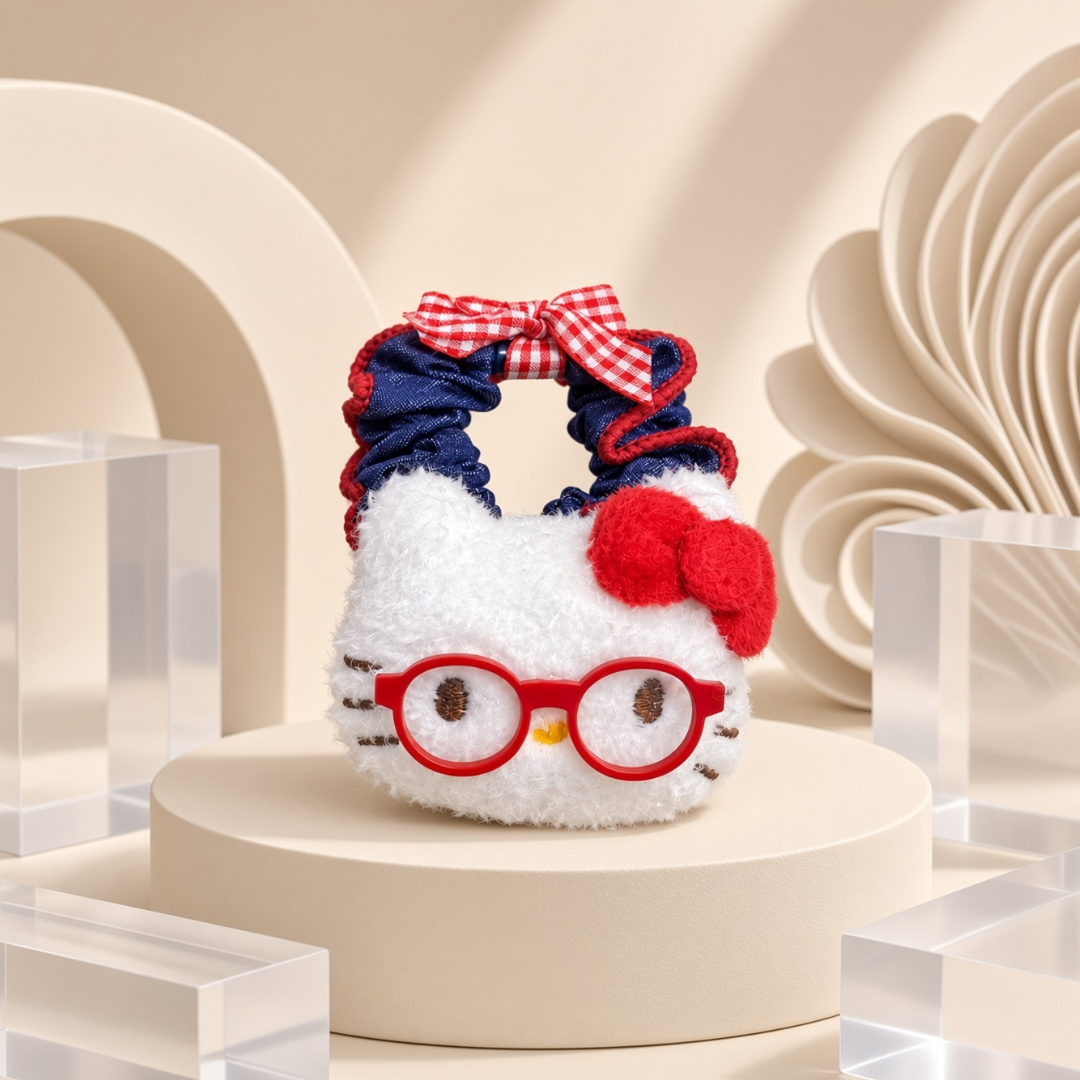 Plush Kitty Hair Scrunchie with Red Glasses & Bow