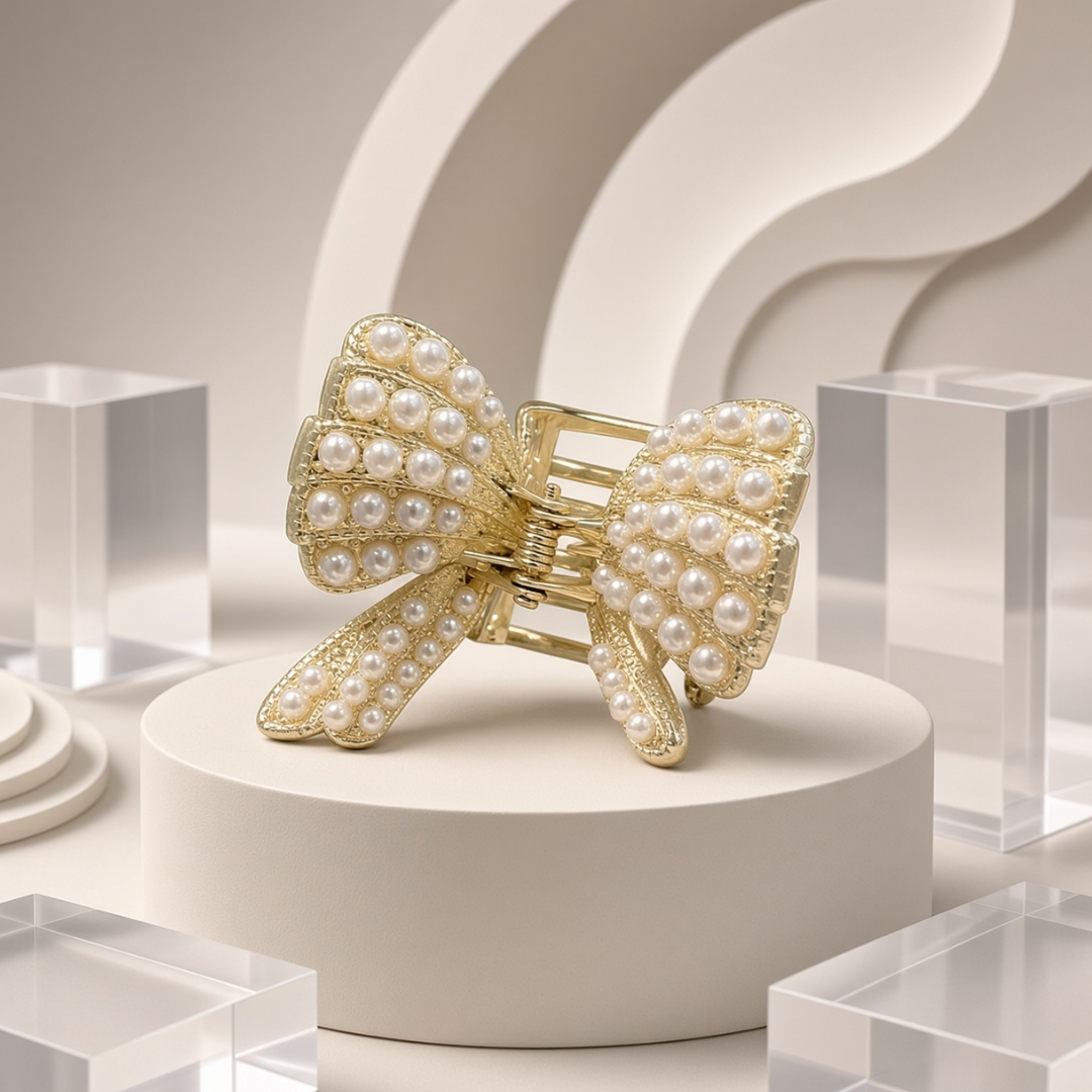 Gold-Tone Pearl-Embellished Bow Hair Claw Clip