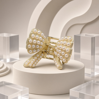 Gold-Tone Pearl-Embellished Bow Hair Claw Clip