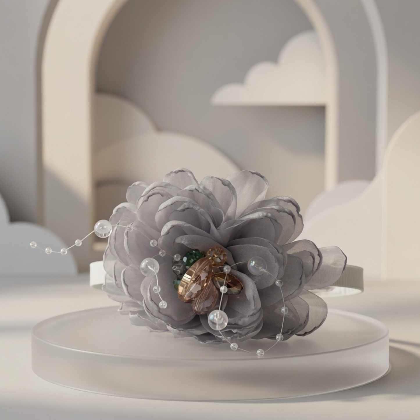 Organza Flower Hair Claw Clip | Pearl & Crystal Centre Jaw Clip