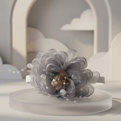 Organza Flower Hair Claw Clip | Pearl & Crystal Centre Jaw Clip