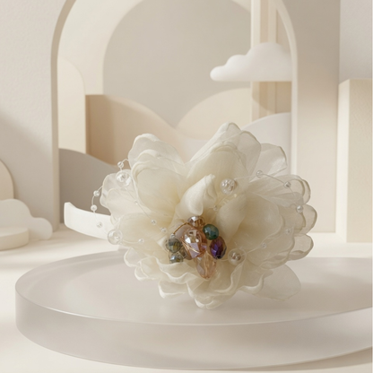 Organza Flower Hair Claw Clip | Pearl & Crystal Centre Jaw Clip