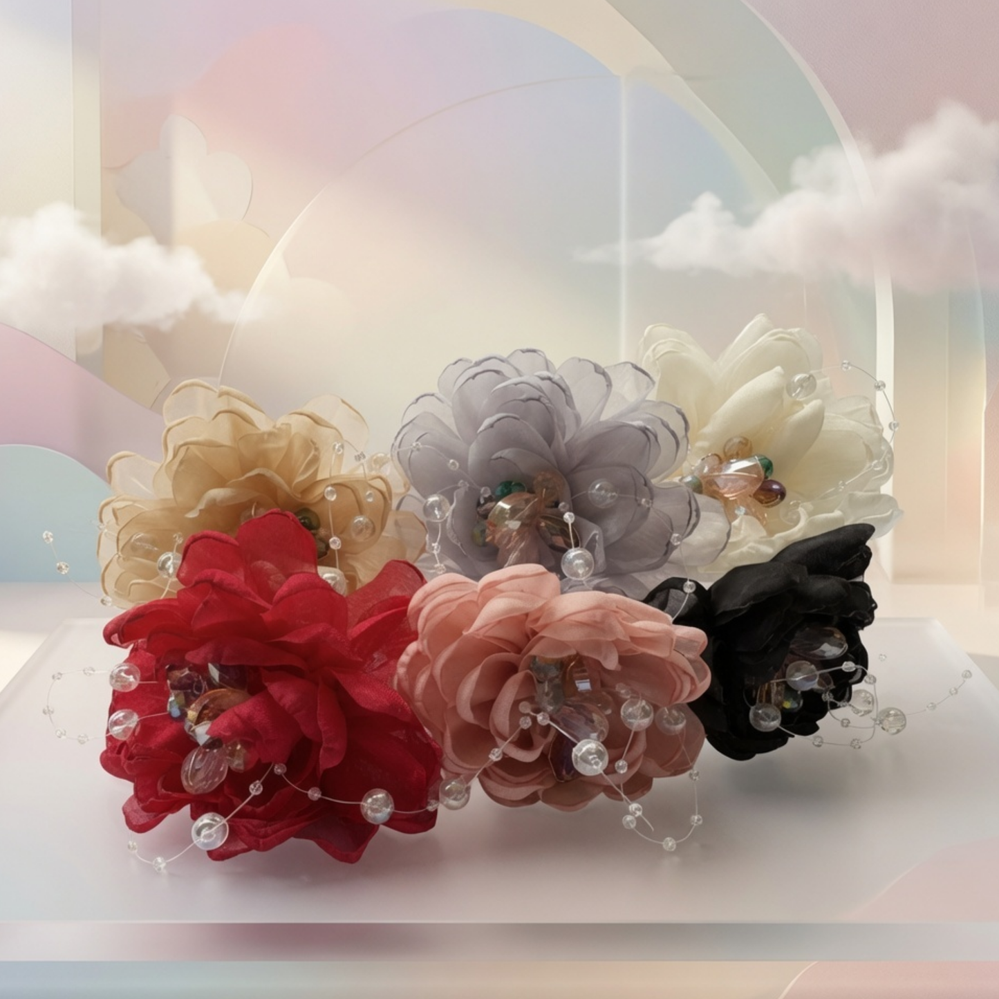 Organza Flower Hair Claw Clip | Pearl & Crystal Centre Jaw Clip