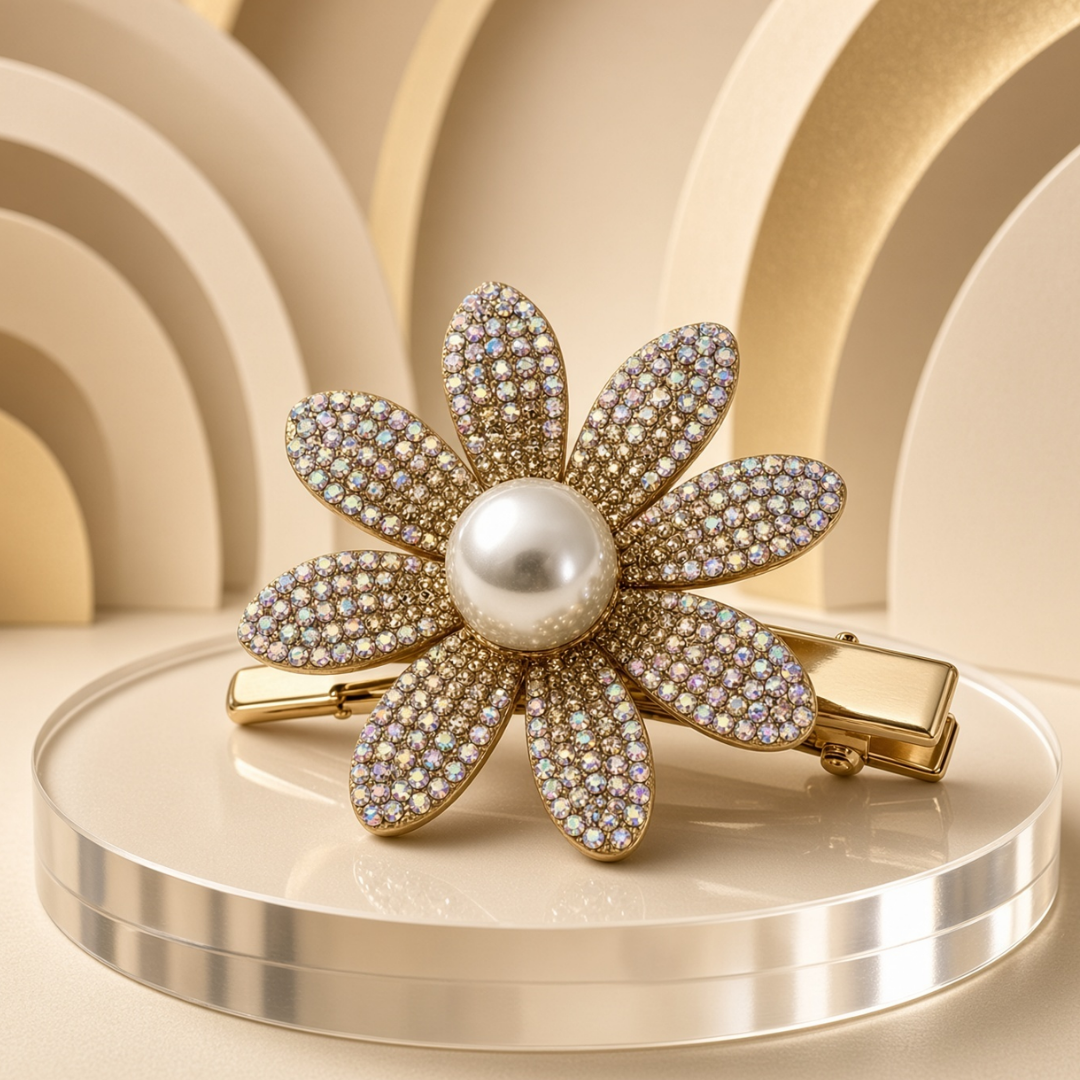 Pearl Flower Hair Clip | Gold-Tone Rhinestone Barrette