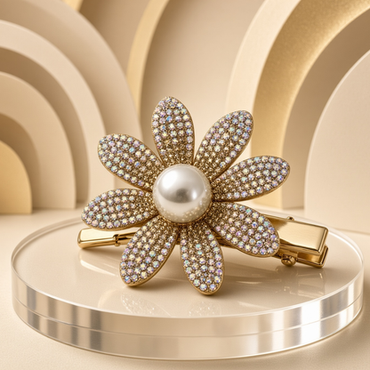 Pearl Flower Hair Clip | Gold-Tone Rhinestone Barrette