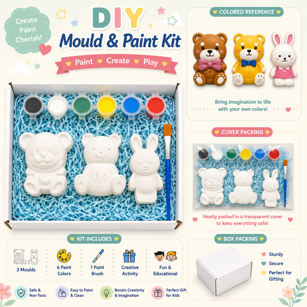DIY Animal Mould & Paint Kit for Kids | Bears & Bunny Painting Set