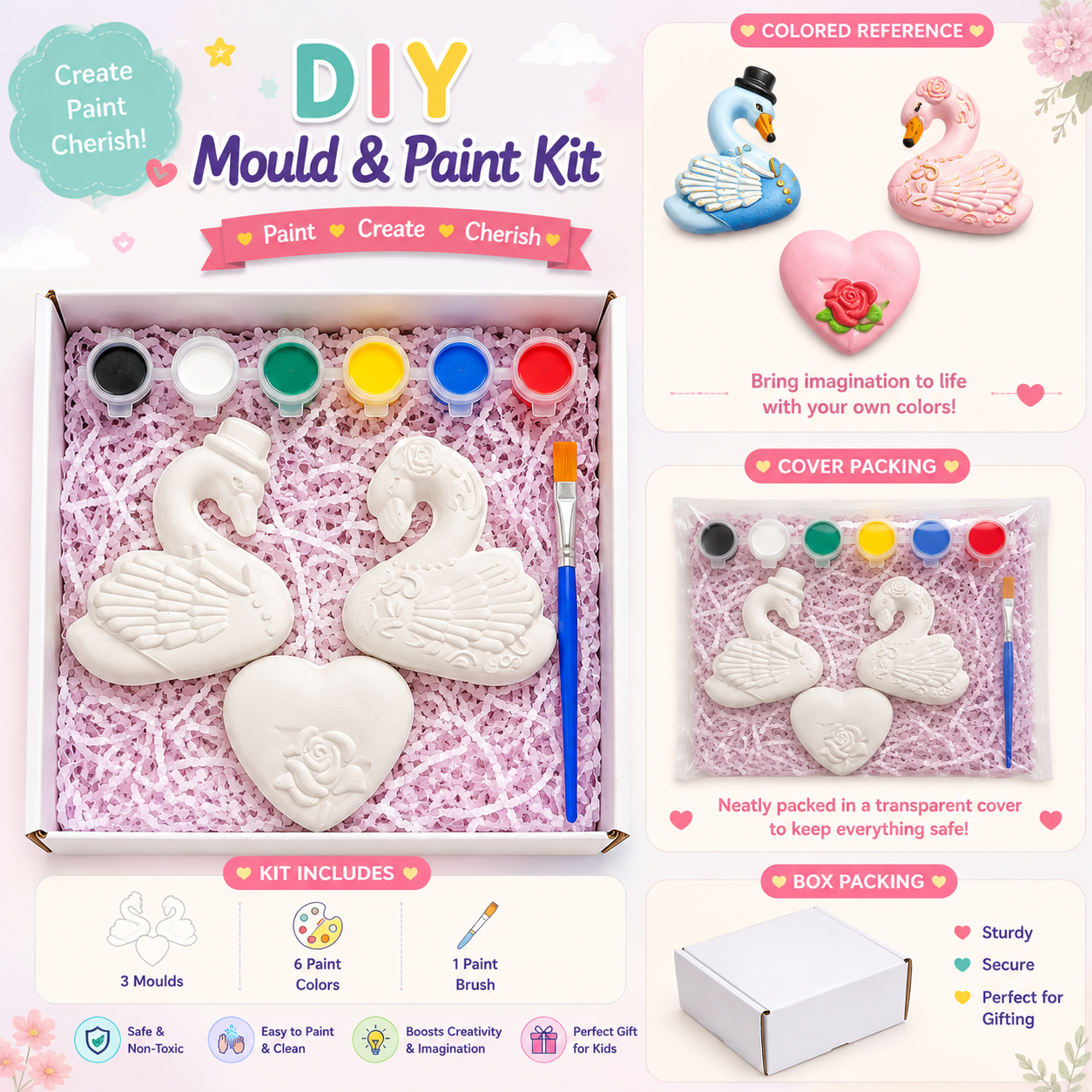 DIY Swan Mould & Paint Kit for Kids | Swan & Heart Painting Set
