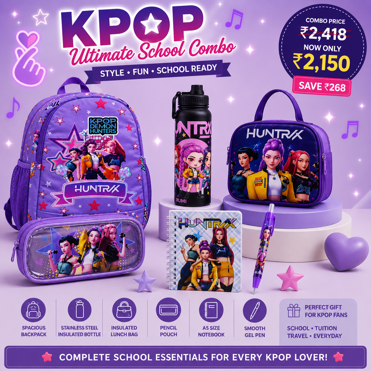 KPOP Ultimate School Combo | Backpack, Stainless Steel Insulated Water Bottle, Lunch Bag, Pencil Pouch, A5 Gel Notebook & Gel Pen