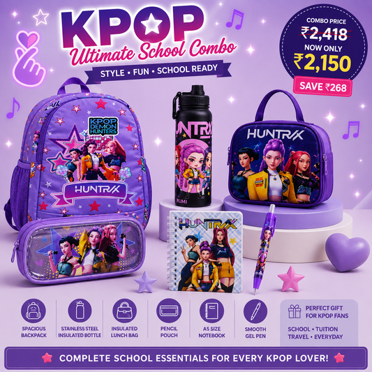 KPOP Ultimate School Combo | Backpack, Stainless Steel Insulated Water Bottle, Lunch Bag, Pencil Pouch, A5 Gel Notebook & Gel Pen