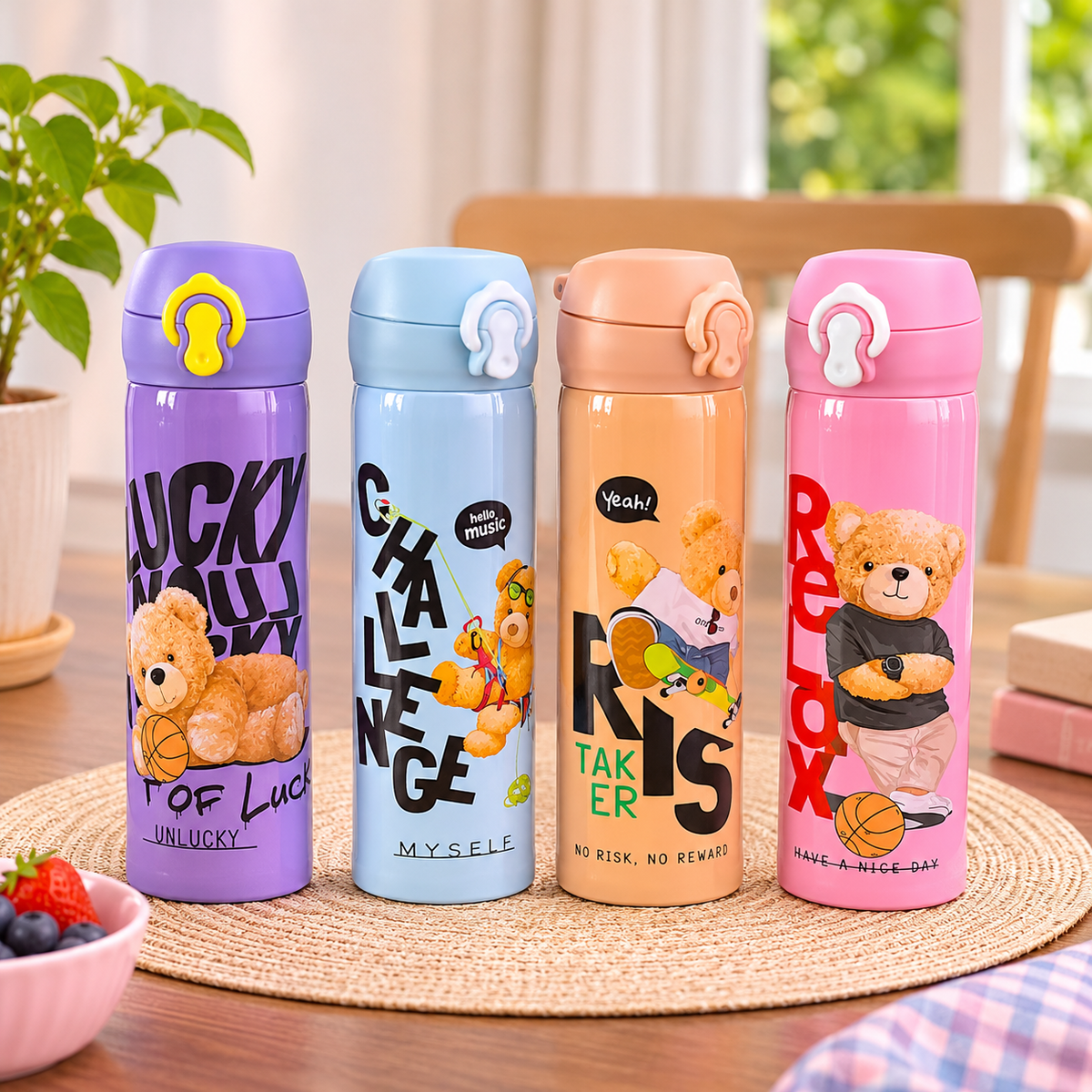 Teddy Bear Stainless Steel Water Bottle with Flip-Top Lock Lid