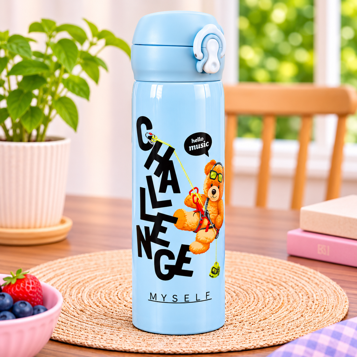 Teddy Bear Stainless Steel Water Bottle with Flip-Top Lock Lid