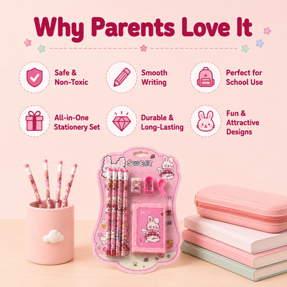 Cute Kids Stationery Gift Set with Pencils, Sharpener, Eraser & pouch