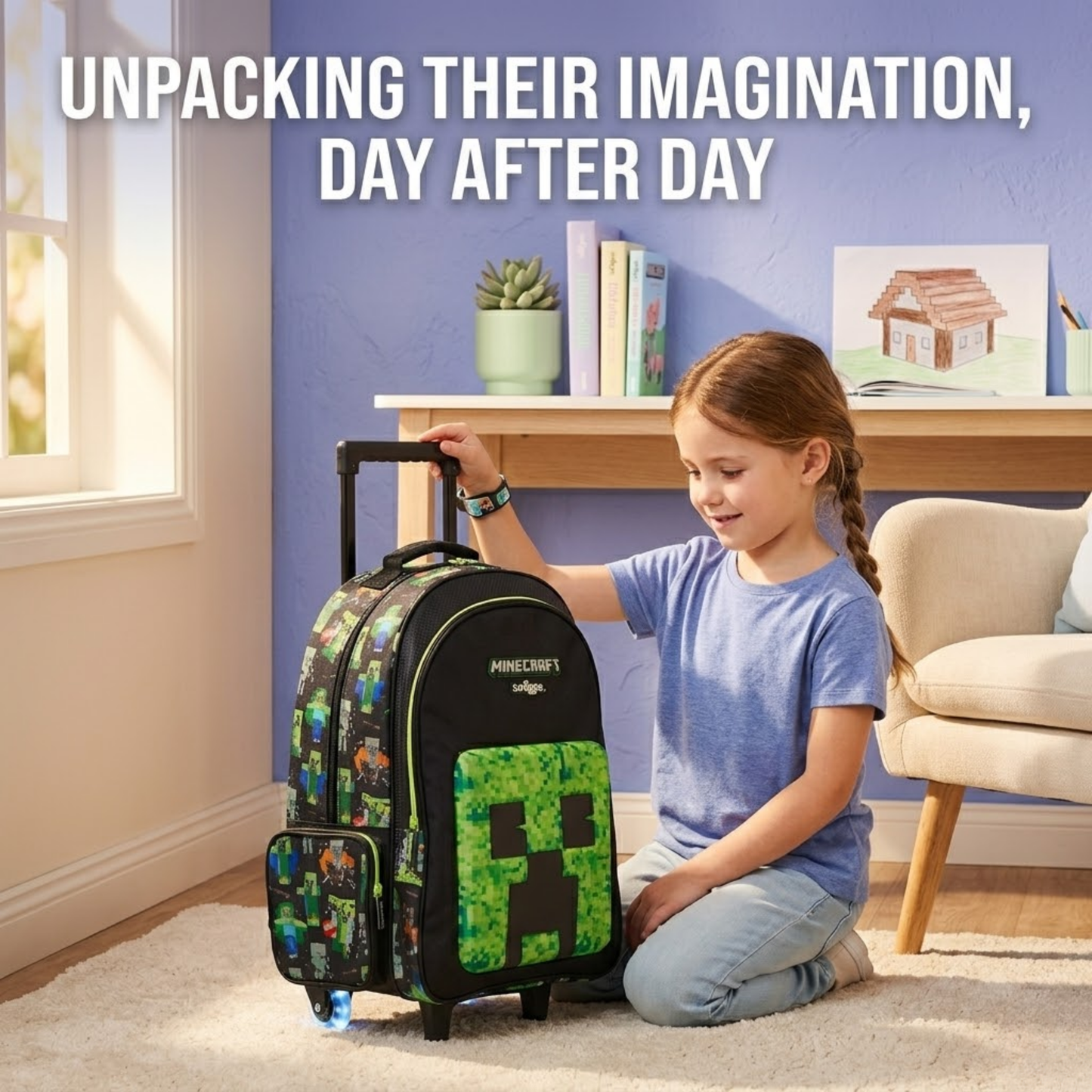 18" Smiggle MInecraft Trolley with LED lights School bag