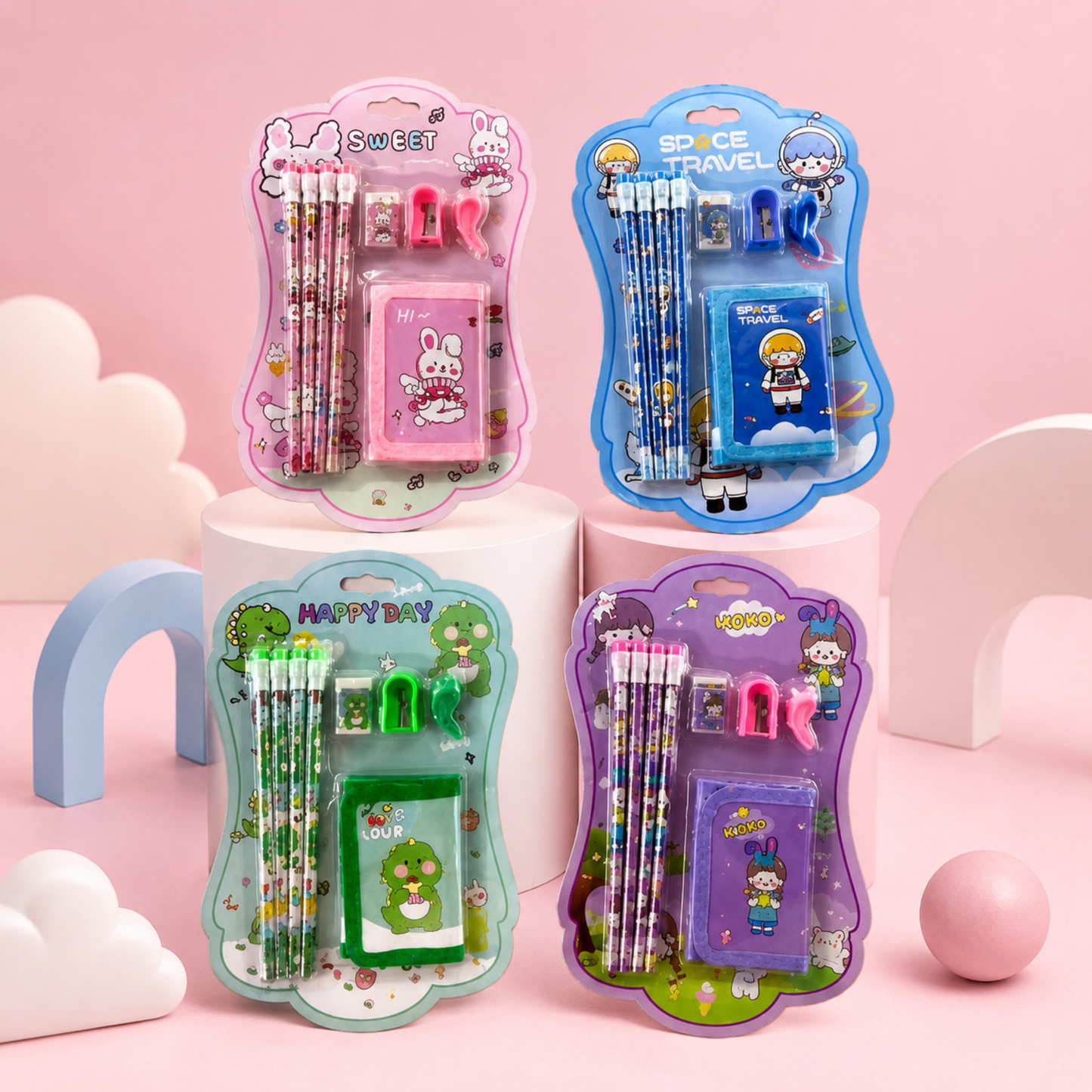 Cute Kids Stationery Gift Set with Pencils, Sharpener, Eraser & pouch